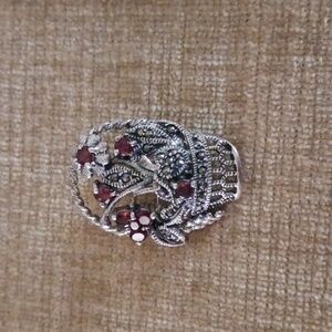 925 Silver Garnet Stone Flower Basket Pin Brooch